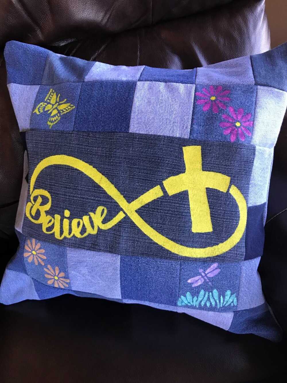 Patchwork Pillow Cover 18 x 18 Hand Painted Inspirational Decor Christian Faith